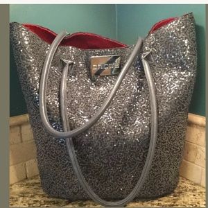CHICOS XL Gray Sequin Felt Tote Bag Shopper Purse